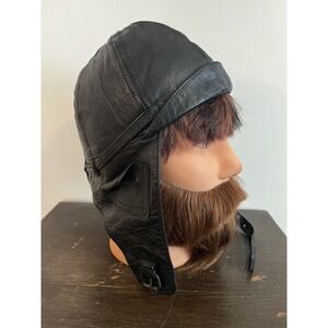 Mil-Tec Black Genuine Leather Aviator Flight Cap Pilot Helmet Men L Fit Like S/M